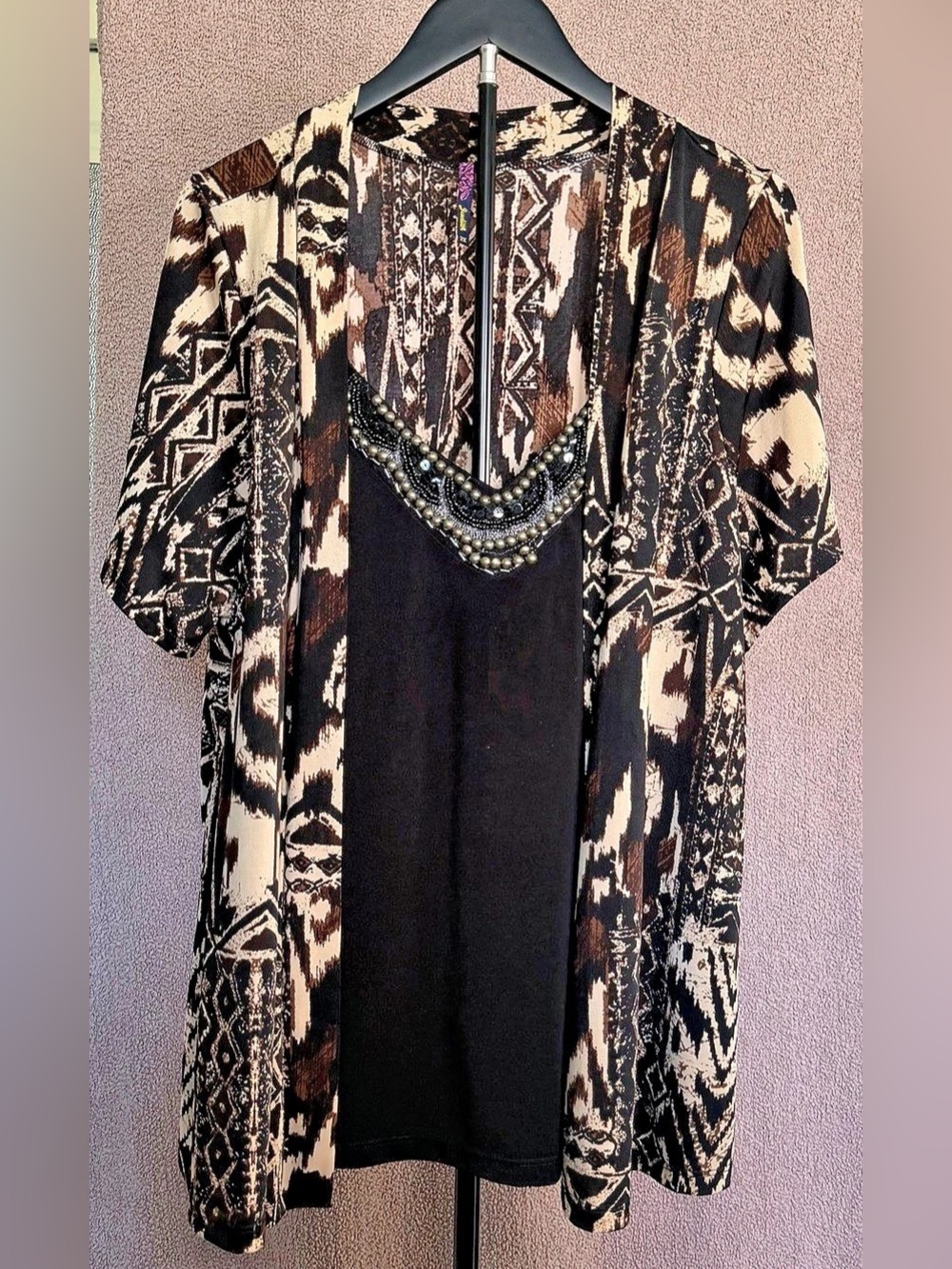 Judith Ann Creations 2X Embellished Beaded Abstract Print Layered Tunic Top